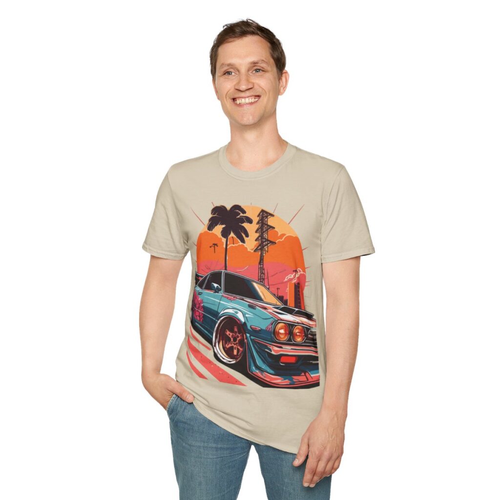 Racing car palm trees sunset retro